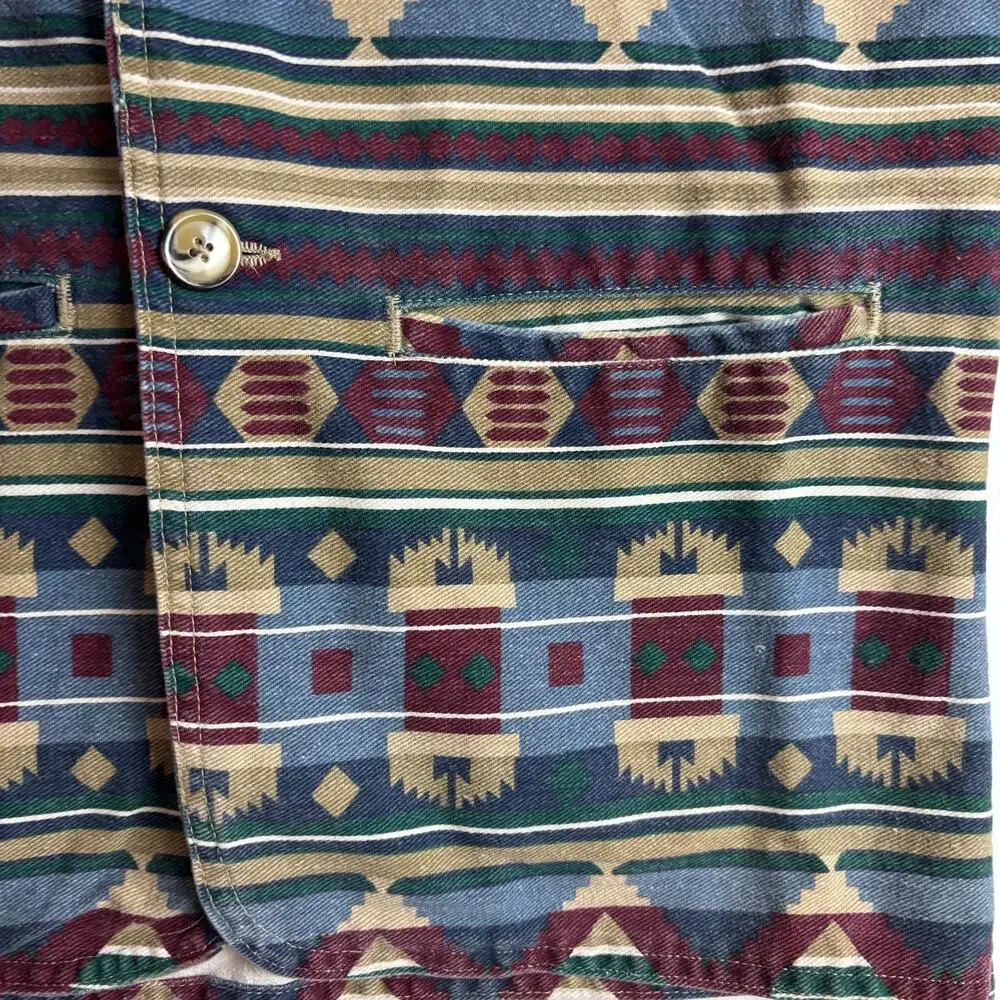 Vintage 90s Cotton Denim Jacket Aztec Tribal Southwestern Boho Jean USA Vivaldi